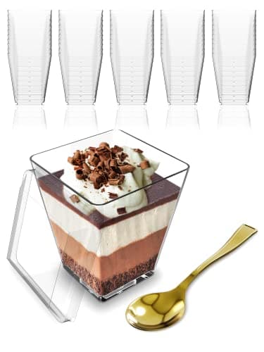 Mini Dessert Cups with Lids and Spoons (50 PACK) (Gold Spoons) – 5 oz Plastic Appetizer Cups for Parfait – Reusable Mini Square Dessert Cups for Events, Parties, & More - BPA Free Catering Supplies