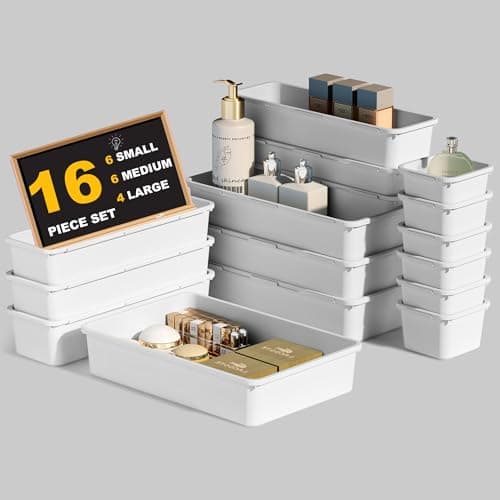 QUELIEN Desk Drawer Organizer Tray Set, 16PCS Plastic Drawer Organizer Bins for Office, Makeup, Kitchen - White Desk Organizer with Flexible Interlocking Design for Efficient (White, 16PCS)