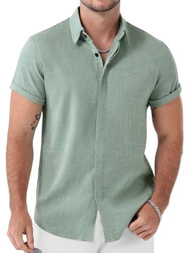 JEMITOP Men's Stretch Like Linen Short Sleeve Button Down Shirts Summer Casual Beach Vacation Wedding Texture Shirt Light Green XL