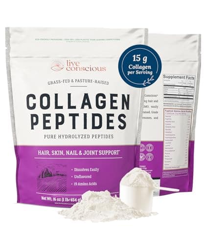 Live Conscious Collagen Peptides Powder - Naturally-Sourced Hydrolyzed Collagen Powder - Hair, Skin, Nail, and Joint Support - Type I & III Grass-Fed Collagen Supplements for Women and Men - 16oz