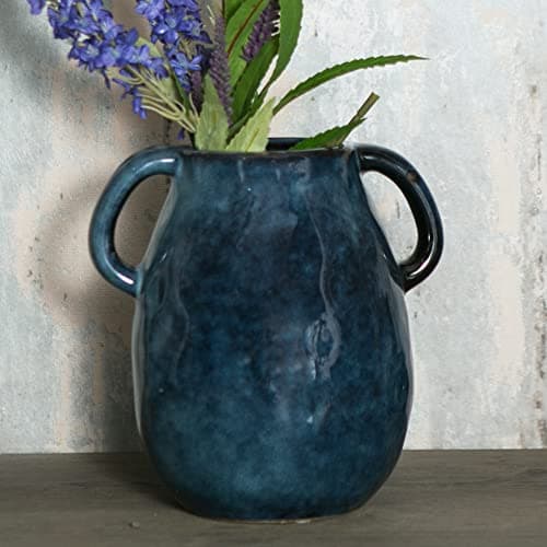 Tanvecle Blue Ceramic Vase with 2 Handles, Modern Farmhouse Vase for Home Decor, Rustic Terracotta Vase, Decorative Pottery Flower Vase, Clay Small Vase, Centerpieces for Dining Table - 7 Inch Tall