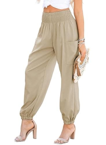 Dokotoo Women's Spring Boho Pants Long Rosa High Waisted Trousers Baggy Fall Parachute Leggings with Pockets,Pale Khaki X-Large