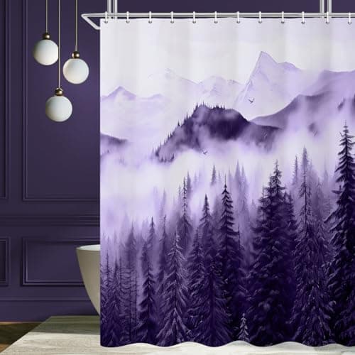 Ruelvth Mountain Shower Curtain, Abstract Purple Misty Forest Shower Curtain Set Waterproof Nature Scenery Bathroom Decor with Hooks, 72x72 Inch