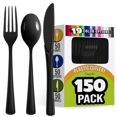 150 Pack Black Plastic Cutlery Set, Plastic Silverware Heavy Duty, Plastic Utensil Sets, 50 Plastic Forks 50 Plastic Spoons 50 Plastic Knives Disposable Cutlery Set For Party Supplies Exquisite