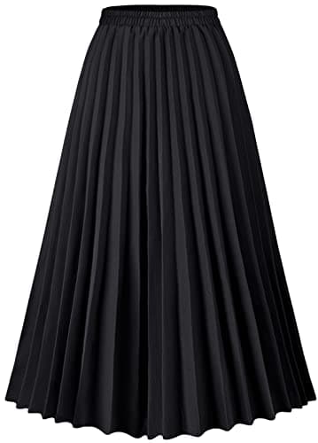 Basoteeuo Black Pleated Skirt for Women Midi Length Summer High Waisted A Line Elastic Waist Skirts XS