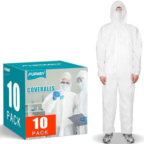 FURWEY Hazmat Suits 10 Pack Disposable Protective Coveralls, Heavy Duty Full Body Painters Suit for Men & Women with Elastic Wrists, Ankles and Hood, Available in 4 sizes-X-Large