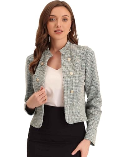 Allegra K Vintage Tweed Jackets for Women's Stand Collar Business Open Front Cropped Blazer Jacket Medium Beige