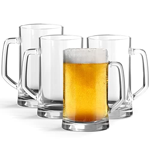 KooK Beer Mugs, Beer Glasses, Set of 4, 12.7 Oz, Clear Large Beer Mugs, Gift for Men, With Handles, Large Drinking Cups for Tea, Coffee, Root Beer Floats, Dishwasher and Refrigerator Safe, Durable