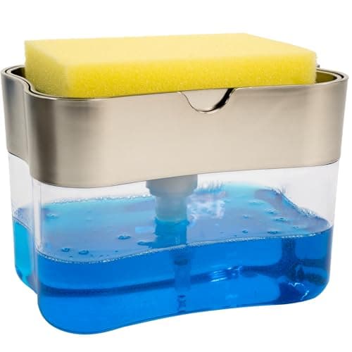 S&T INC. Dish Soap Dispenser and Sponge Holder for Kitchen Sink, Sponge Included, 13 Ounces, Metallic Silver