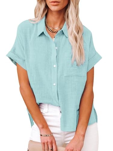 Womens Casual Cotton Linen Button Down Short Sleeve Shirts Solid Summer Beach Blouses Tops with Pocket Teal