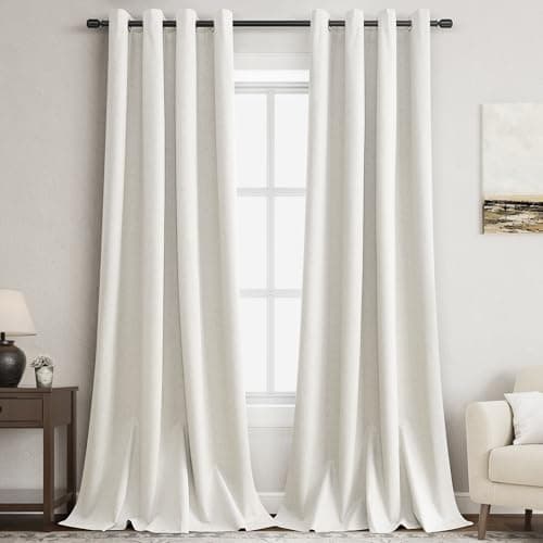 Linen Black Out Curtains 96 Inch Long Grommet Living Room Darkening Window Curtain Panel Extra Long Natural Earth Tone Farmhouse Style Thermal Insulated Blackout Curtains for Bedroom 96 Inches Long