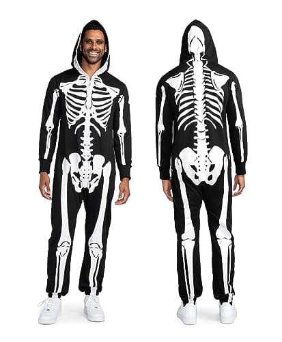 Tipsy Elves Halloween Skeleton Costume for Men - Comfy Easy Adult Onesie Jumpsuit - Front and Back Print with Zip Up Mask - Men's White Skeleton Jumpsuit Halloween Costume Size Large