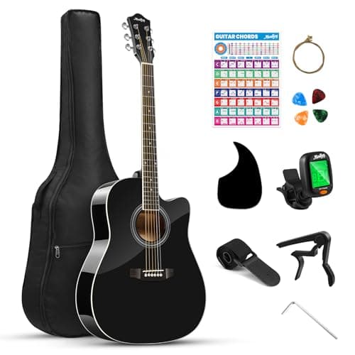 Moukey 41" Acoustic Guitar for Beginners Adult Teen Full Size Guitarra Acustica with Chord Poster, Gig Bag, Tuner,Steel Strings, Capo, Strap - Black