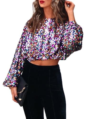 SPSHODOW Women Sequin Top, Balloon Long Sleeve Glitter Party Top Disco Sparkle Crop Top Sequin Blouse for Concert Party