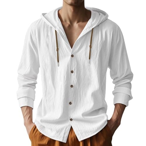 Men Cotton Linen Long Sleeve Button Down Shirt Summer Casual Hawaiian Beach Tops Lightweight Fashion Hoodies White