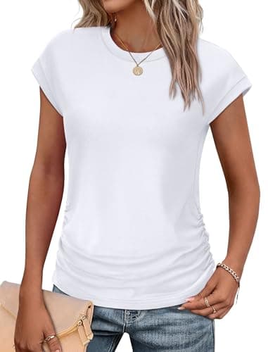Tshirts Shirts for Women Cap Sleeve Summer Cute Tops Work Soft Basic Tees Scoop Neck Casual Loose Fit White XL