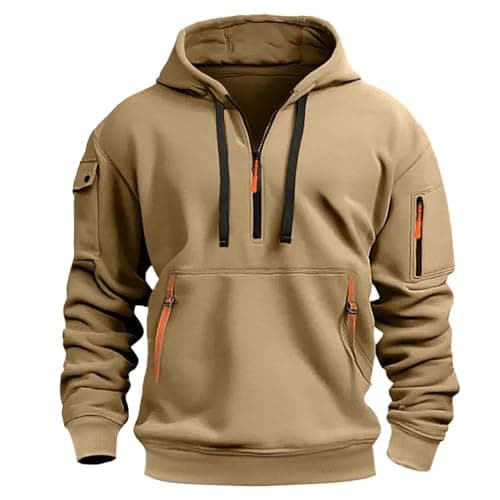HJYUZP Mens Quarter Zip Pullover Hoodie Tactical Hoodies Big and Tall Zipper Graphic Vintage Long Sleeve Oversized Teen Boys Casual Fashion Zip Up Hooded Sweatshirts Winter Clothes Sudaderas Khaki XL