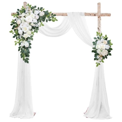 Odouzy Wedding Arch Flowers Kit,Artificial Flower Arch Decor (Set of 3),2pcs Artificial Flower Arrangement with 1pc Sheer Drape for Wedding Decor Reception Backdrop Floral Decorations (Ivory White)