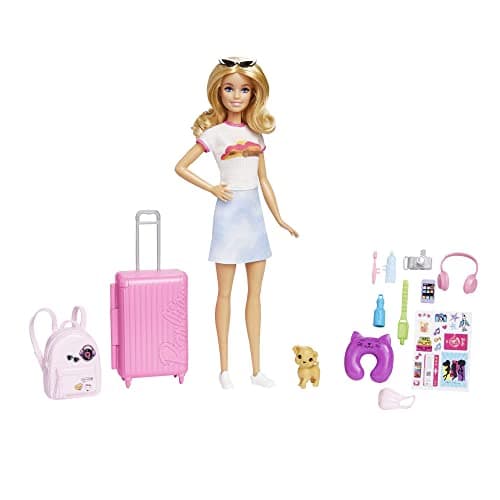 Barbie Doll & Accessories, Travel Set with Puppy and 10+ Pieces, Suitcase Opens & Closes, Malibu Doll with Blonde Hair