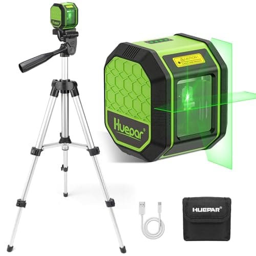 Laser Level with Tripod, HUEPAR 100Ft Self Leveling Laser Level Rechargeable Green Cross Line Laser Leveler Tool for Picture Hanging, Tile, Home Renovation, Carrying Bag Included (25.6 in Tripod)