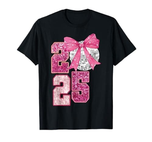 Happy New Year 2025 Disco Ball Pink Coquette Bow Family T-Shirt