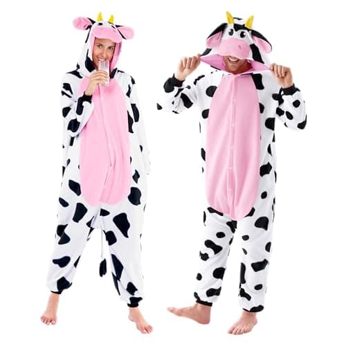 Spooktacular Creations Halloween Cow Costume, Adults Unisex Cow Costume, Animal Hooded Jumpsuit for Men Women Halloween Animal Themed Cosplay Parties