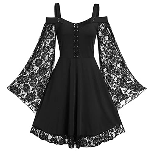 Gothic Vintage Lace Patchwork Women Dress Plus Size Goth Bandage Ladies Spaghetti Strap Dresses(Black,4XL)