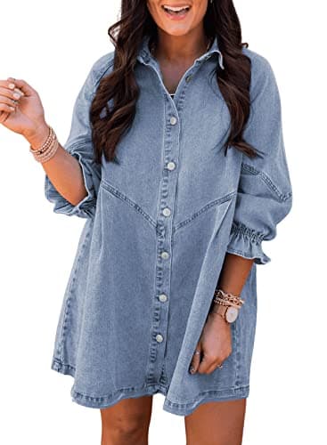 Sidefeel Womens Smocked 3 4 Sleeve Button Down Denim Jeans Dresses X-Large Sky Blue