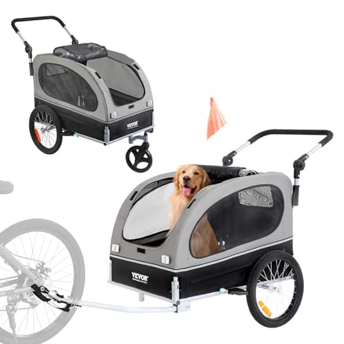 VEVOR Dog Bike Trailer, Supports up to 88 lbs, 2-in-1 Pet Stroller Cart Bicycle Carrier, Easy Folding Cart Frame with Quick Release Wheels, Universal Bicycle Coupler, Reflectors, Flag, Black/Gray