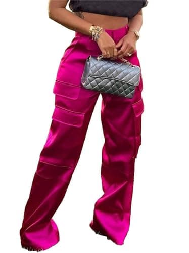 Seltaon Womens Pink Satin Cargo Pants High Waisted Wide Leg Trousers with Pockets Y2K Streetwear