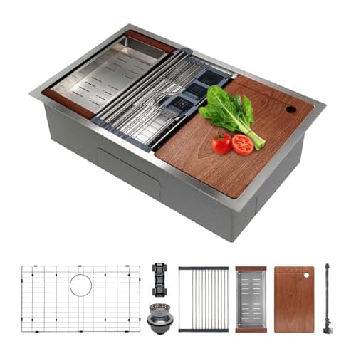 SANYCASA 30 Inch Undermount Kitchen Sink Superior Drain Kitchen Sinks 11 Gauge (3mm) Stainless Steel, Single Bowl Integrated Ledge Multifunctional Workstation Set -