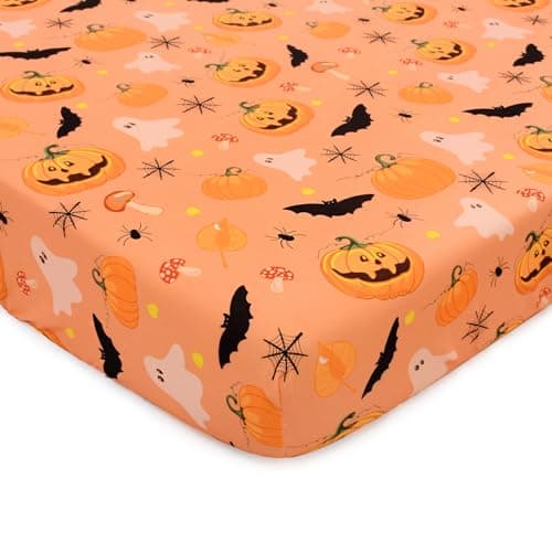 Halloween Crib Sheets, Fitted Crib Sheet with Bats, Ghosts, Pumpkin, Spider, and Mushrooms, Measuring 52'' x 28'' to fit Standard Crib & Toddler Mattresses, Orange