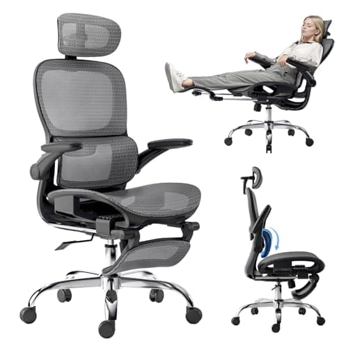 Ergonomic Office Chair,Office Chair with Tilt Function,Mesh Office Chair with Footrest,Ergonomic Chair with Adaptive Backrest, Adjustable Headrest,SGS Class 4 Gas Clylinder and Flip-Up Armrests