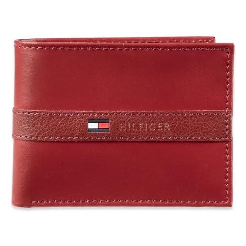 Tommy Hilfiger Men's Leather Wallet – Slim Bifold with 6 Credit Card Pockets and Removable Id Window,RedOne Size