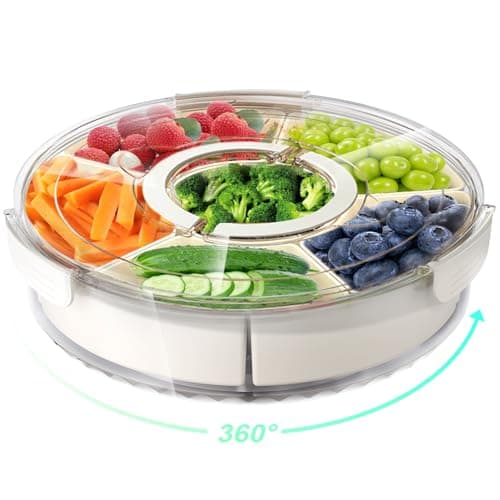 Divided Rotating Serving Tray with Lid and Handle, Portable Snackle Box for Fruits Snacks Veggie Charcuterie, Clear Snack Spinner Organizer and Fridge Storage Container for Adults Child (1PCS,12" L