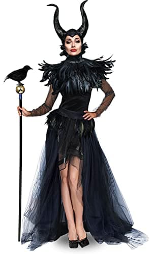 UQJE Black Gothic Witch Costume Raven Costume Halloween Feather Shawl Mesh Cape with Horns Set