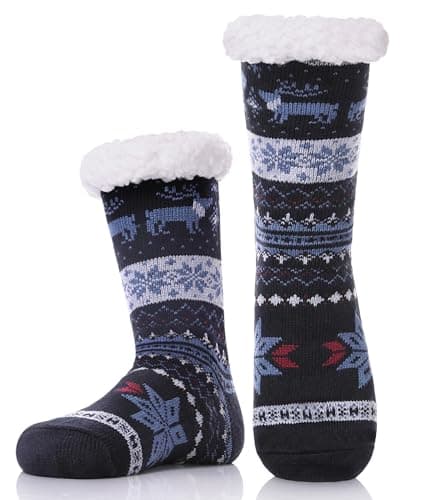 DYW Mens Fuzzy Slipper Socks Warm Thick Heavy Thermal Fleece lined Fluffy Winter Non Slip Socks (Dark Blue A)