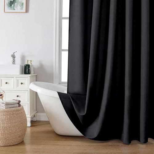 OVZME Zora Solid Black Shower Curtain for Bathroom, Fabric Shower Curtain- Soft Cloth & Hotel Spa Quality, Water Repellent, Machine Washable Shower Curtain Set with 12 Hooks, Grommets Top, 72Wx72L