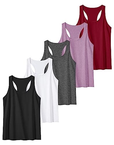 TELALEO 5 Pack Workout Tank Tops for Women, Athletic Racerback Sports Tank Top, Loose Sleeveless Dry Fit Shirts Black/Grey/White/Red/Purple M