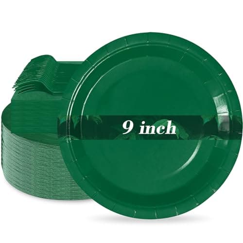 WXLDGHQ Dark Green Paper Plates 9 Inch Set Disposable Dark Green Birthday Dessert Dinner Plates and Napkins Party Supplies(75 PCS)