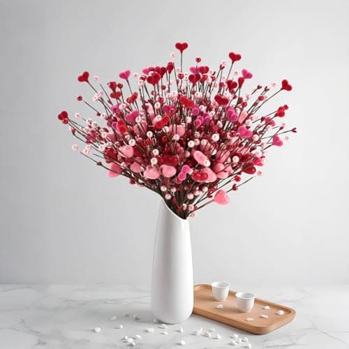 Alupssuc 8 PCS Valentine's Day Gifts, Artificial Red Berry Flower Stems Pink Heart Shaped Berries Picks Branches for Valentine Decorations, Mother's Day, Wedding Anniversary Home Table Indoor Decor