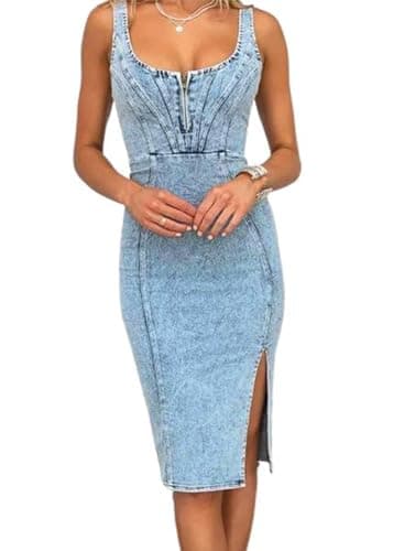 utcoco Denim Dress for Women Sleeveless Side Slit Bodycon Midi Jean Dresses for Women 2024 (Medium, Light Blue)