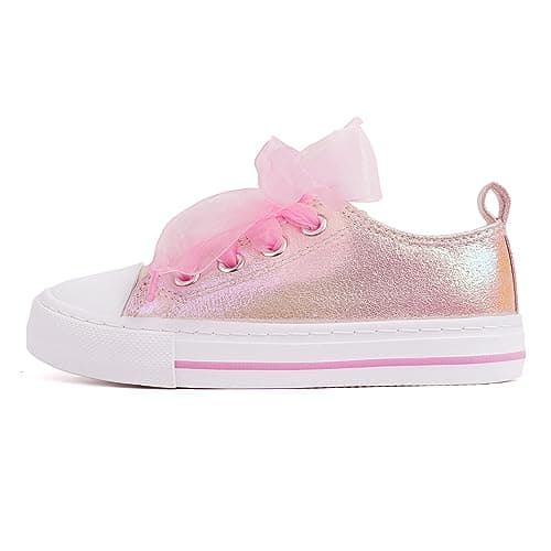 HugRain Toddler Girls Sneakers Walking Shoes Little Kids Bowknot Pearl Ribbon Lace Up Adorable Sparkle Glimmer Glitter Lightweight Low Top Non-Slip Outdoor Pink Size 13