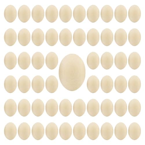SHEUTSAN 60PCS 2.5 x 1.75 Inches Wood Eggs, Wooden Faux Fake Eggs Artificial for Craft, Painting, DIY
