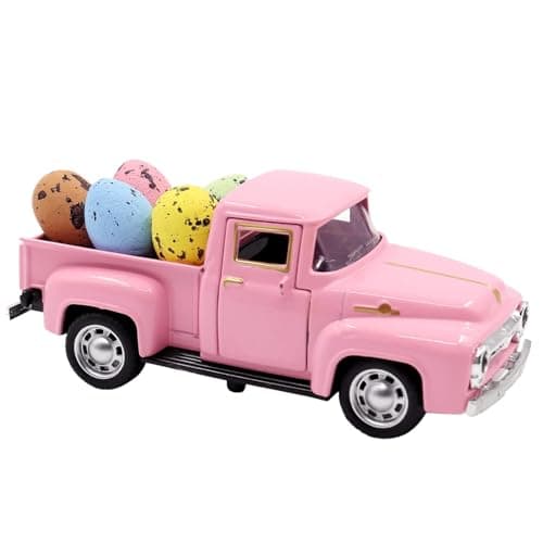 Best Easter Decorations #2 from YimiBloss Easter Farm Pickup Truck Decor with Eggs, Mini Vintage Metal Diecast Farmhouse Pickup Happy Spring Farm Tiered Tray Decorations for Home Kitchen Table