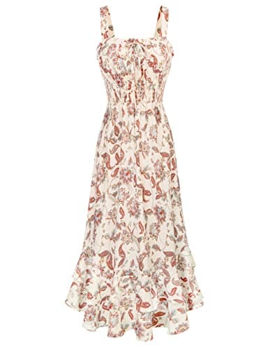 GRACE KARIN Women's 2025 Summer Floral Boho Dress Square Neck Strapped Swing A Line Sundress Beach Long Maxi OutfitsBeige M