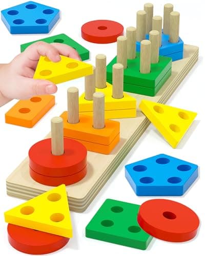 Montessori Toys for 1 2 3 Year Old Boy Girl, Toys for Ages 2-4 Toddlers Kids Baby, 1 2 Year Old Birthday Gifts, Toddler Stocking Stuffers Wooden Learning Puzzles Shape Sorter Toy for Toddlers 1-3