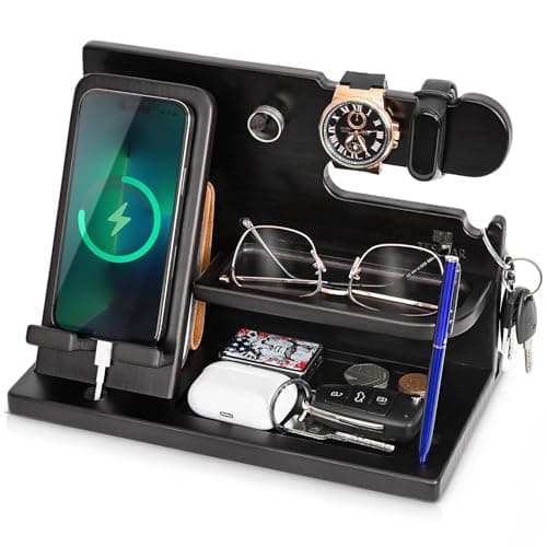 TESLYAR Wood Phone Docking Station for Men - Desk or Nightstand Organizer - Birthday Gifts for Husband or Dad - Anniversary Idea from Wife - Key Holder - Stand Wallet, Watch & Essentials (Deep Black)