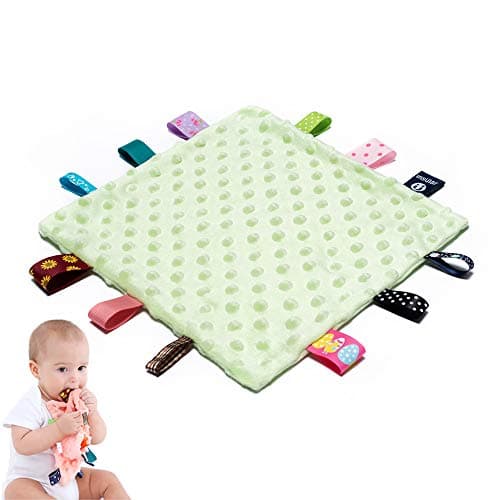 Baby Tags Security Blankets - Baby Soothing Plush Blanket with Colorful Tags, 10"x10" Square Sensory Toys, Lovey for 3 Months+ Babies Boys and Girls (Green)