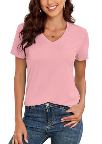 KevaMolly V Neck Basic Pink T Shirts for Women UPF 50+ Short Sleeve 2024 Summer Trendy Tops Solid Casual Loose Fit Tee Shirt L